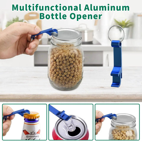 Person using a multifunctional aluminum bottle opener to open a mason jar filled with chickpeas, with kitchen background.