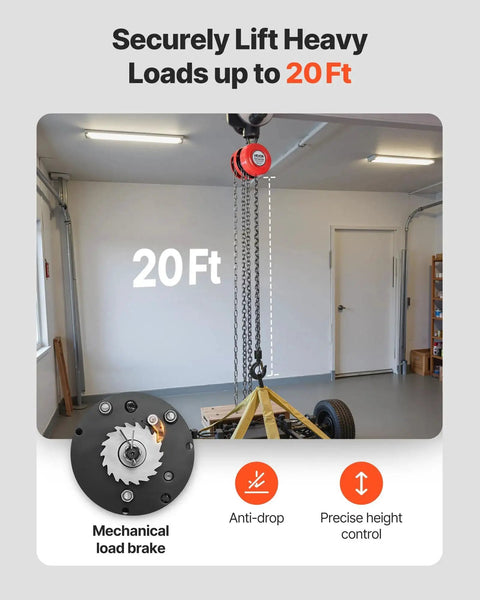 One Ton Hand Chain Hoist With Galvanized G70 Chain 20 Ft Lift For Garage installed in workshop for lifting