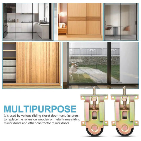 Closet Door Rollers Replacement With Ball Bearing Wheels For Mirror Wardrobe Sliding Doors Adjustable Height 4.72 By 2.36 Inches Universal Fit For Wood And Metal Framed Doors Smooth Gliding Hardware Solution, shown near various closet settings, displaying ball bearing wheels and adjustable height features.