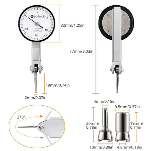 Dial Test Indicator Kit Pro Grade For Precision Machine Setup In Tight Spaces With 0 To 0.03 Inch Travel And 0.0005 Inch Accuracy