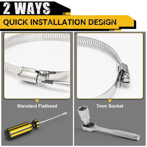 4-pack 4-inch 304 stainless hose clamps with worm-gear; quick-screw clamps shown with flathead/7mm socket install