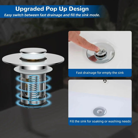 Upgraded 3 In 1 Bathroom Sink Drain Strainer With Pop Up Stopper Chrome Finish, showing drainage and water storage modes.