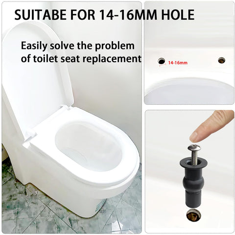 Universal Toilet Seat Bolts And Hinge Kit 4 Pack With Top Mount Screws Expanding Rubber Nuts Stainless Washers For 14 To 16 Mm Holes Easy DIY Replacement For Most Standard Toilets, shown installed on a toilet.