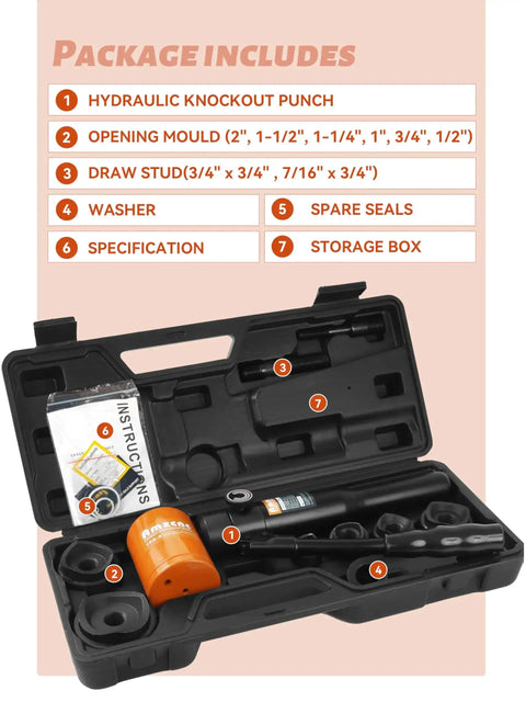Heavy Duty Hydraulic Knockout Hole Punch Kit with 6 die sizes and 360 degree rotating head in storage box