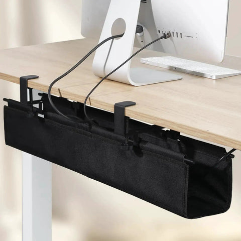 Under Desk Cable Management Tray Clamp On Wire Organizer in a clean home office, black fabric design, installed under desk with cords