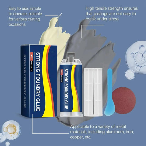 Two Pack Strong Foundry Glue for Metal Heavy Duty Repair Adhesive packaging with glue components and application surfaces