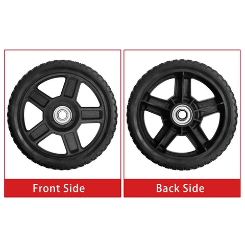 Front and back view of 8 Inch Lawn Mower Wheel Kit For Push Mower Set Of 2 With Bolts And Nuts Bore Half Inch Spoke Hole One And A Quarter Inch