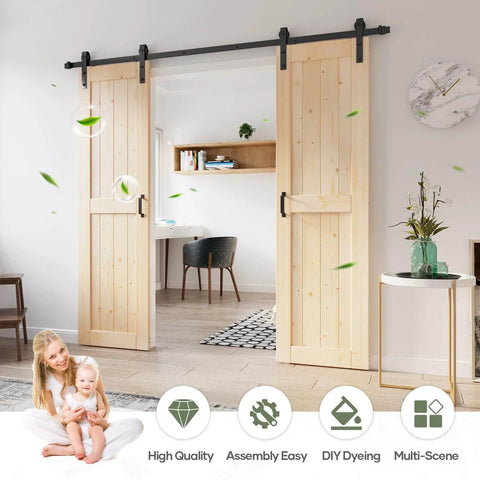 Double Sliding Barn Door Slab Kit 48x84 Inches Total With Spruce Solid Wood 24x84 Each Door 8ft Hardware Track Complete Kit