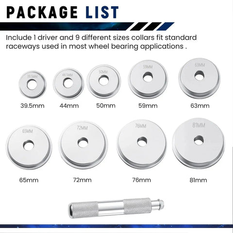 10-Piece Universal Aluminum Bearing Race and Seal Driver Set with Discs and Knurled Handle for Automotive Wheel Bearings
