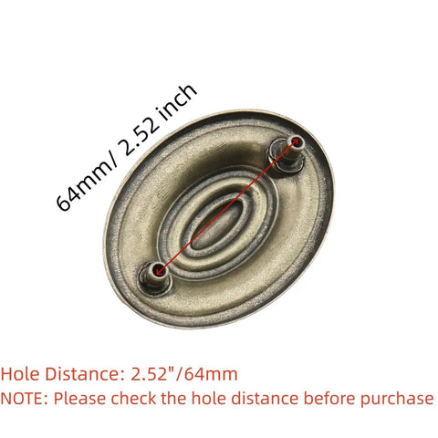 Back view of oval swing handle showing 64mm hole distance, part of Two Pack Antique Cabinet Ring Pulls Zinc Alloy Oval Drop Swing Handles For Drawers Dresser Cupboard Wardrobe And Kitchen Furniture European Modern Style Durable Hardware 80 By 57 Mm With 64 Mm Mounting Hole