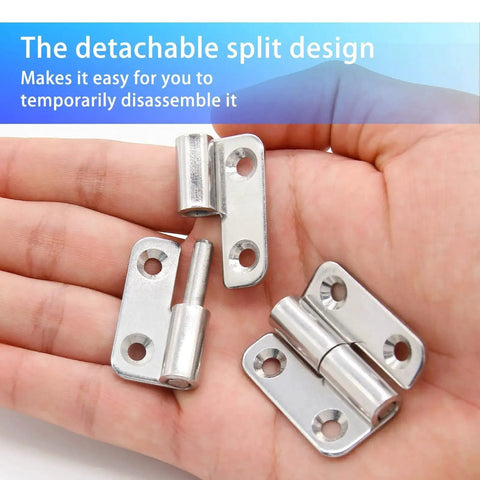 Close-up of Six Piece Stainless Steel Right Lift Off Hinges For Cabinets And Boxes, detachable slip joint design shown on open hand.