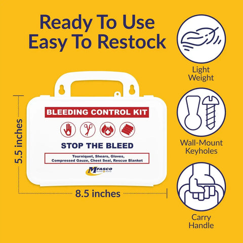 Stop the Bleed 10-Piece Bleeding Control Kit case with tourniquet, gauze, and chest seal, portable 8.5x5.5 inches, ready to use