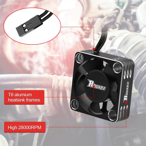 High Performance 30mm RC Motor Heatsink And ESC Cooling Fan with T6 aluminum frame, visible connector, max 28000 RPM speed.