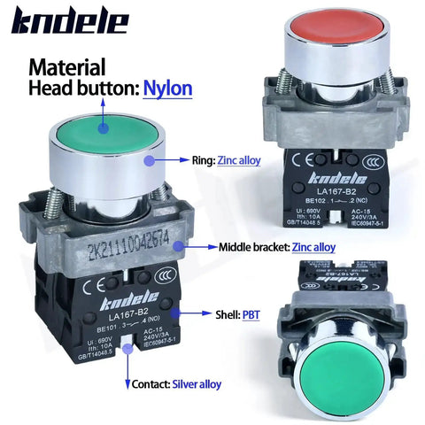 2 Pack 22mm Momentary Push Button Switches Red And Green 1NO 1NC SPDT Metal Head Waterproof IP65 Close-up View