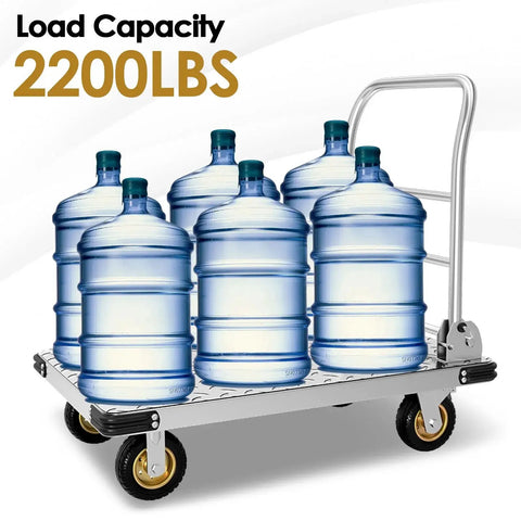 Heavy Duty Platform Truck With 2200 Lbs Capacity Foldable Moving Flatbed Cart with water jugs, six-inch swivel wheels, steel platform