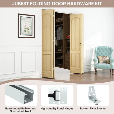 72 Inch Top Mounted Bifold Door Hardware Kit For Inside Doors, Closets, Bathrooms And Cabinets, shown with wood doors