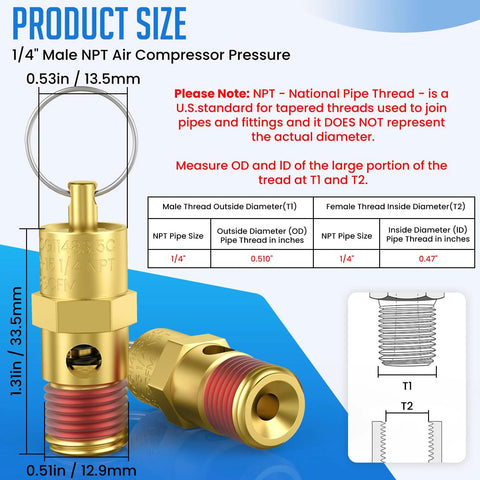 Two-pack brass air compressor pressure relief valves, 1/4in NPT, 175 PSI, with ring pull.