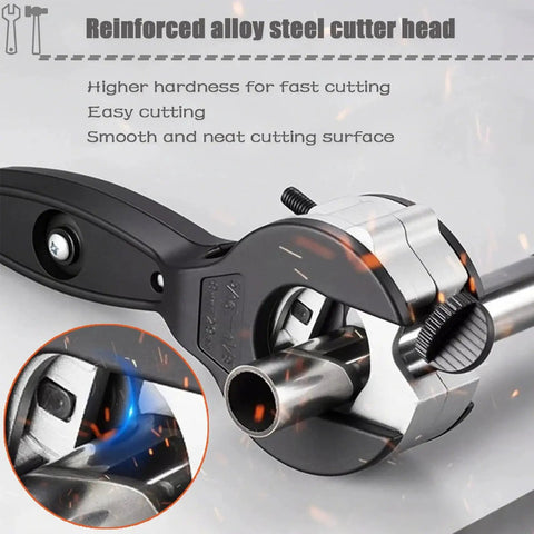 Ratcheting Tubing Cutter For Copper And Metal Pipes From Five Sixteenth Inch To One And One Eighth Inch Two In One Close Quarters PEX Cutter With Deburring Tool Compact 360 Degree Cutter For PVC Brass Aluminum Stainless Steel Includes Extra Cutter Head showing close-up of reinforced alloy steel cutter head.