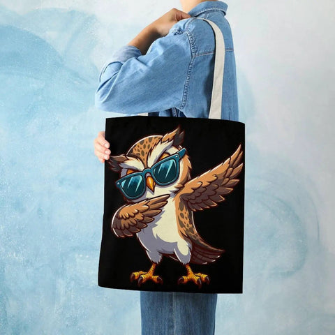 Person holding Cool Owl Wearing Sunglasses Canvas Tote Bag For Women with large capacity and sturdy handles for daily use