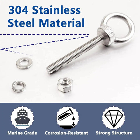 304 stainless steel eyebolts with nuts and washers, marine grade, shown in product display for 10 Pack M6 x 50mm Eyebolts With Nuts And Washers