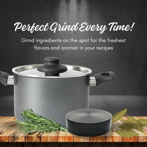 4 Inch Herb Grinder For Spices And Herbs, Zinc Alloy Low Profile 1 Inch Tall Design, shown next to a cooking pot on a wooden surface