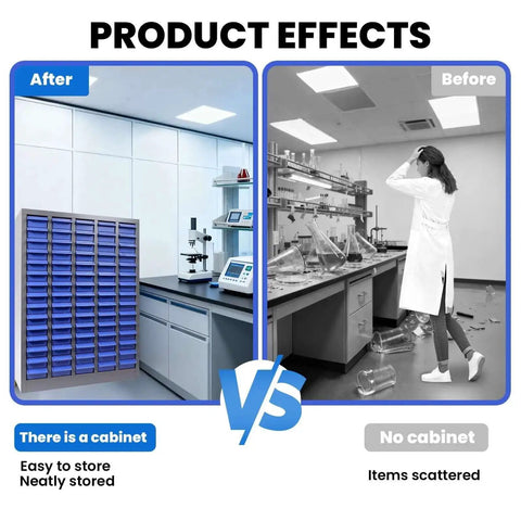 Before and after comparison of a lab with and without a Heavy Duty 75 Drawer Parts Cabinet With 2mm Steel Frame And ABS Drawers With Labels And Dividers.