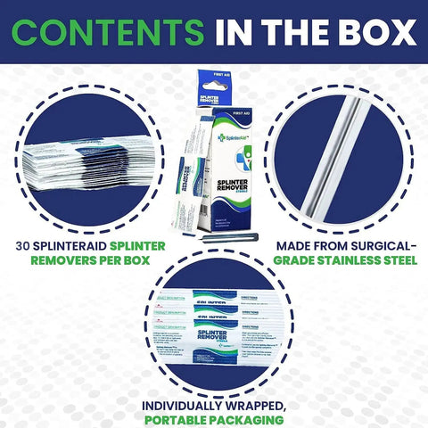 Painless Splinter Removal Kit By SplinterAid For Quick, Easy Splinter Removal 30 Pack with stainless steel removers, portable packaging