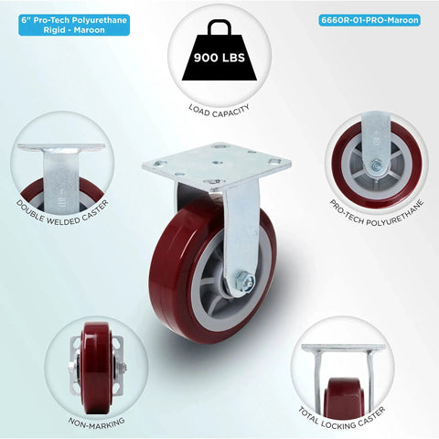 Heavy Duty Industrial Casters 6 Inch By 2 Inch With Top Plate 4 By 4.5 Maroon Two Rigid And Two Swivel Casters With Top Lock Brakes