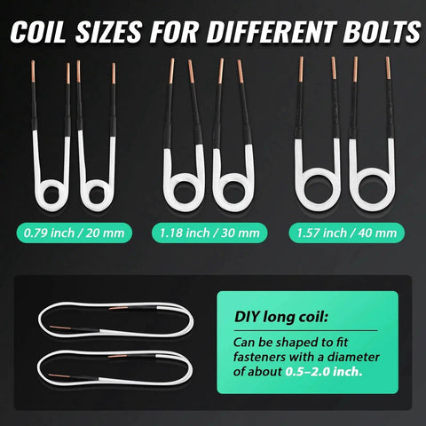 Coil sizes for Beast 1500W Induction Bolt Heater With 8 Coils Rugged Carrier Case 110V For Fast Safe Removal of Rusted Nuts