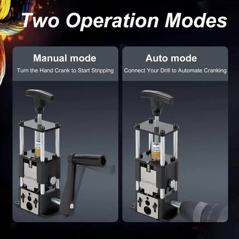 Drill Powered And Manual Two In One Wire Stripping Tool For 0.06 To 1 Inch Wires, shown in manual and auto operation modes.