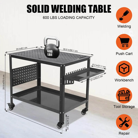 36 By 24 Inch Beefy Heavy Duty Welding Table On Wheels With Storage And Pegboard Portable Steel Welding Bench For Hobbyist Shop Black Built For Stability With 600 Pound Capacity And Easy Mobile Setup