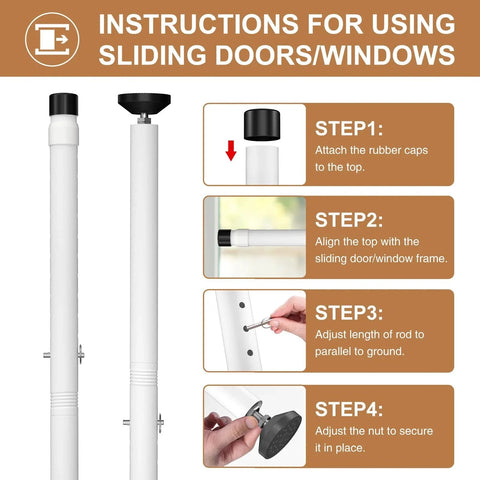 Installation steps for the Sliding Glass Door Security Bar, Patio Door Barricade Security Bar, Apartment BarSliding Door Security Bar.