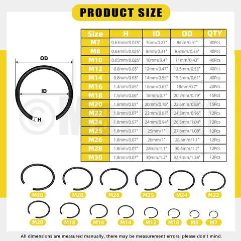 322 Piece Round Wire Snap Rings Set With 14 Sizes From 7mm To 30mm Internal C Clips Retaining Rings For Holes 65Mn Steel chart