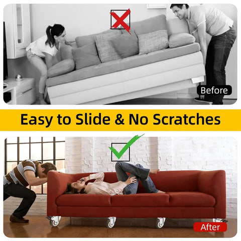 Comparison image showing ease of moving a sofa with 1 Inch Heavy Duty Caster Wheels Set Of 4 With Brakes 100 Lb Capacity Swivel Furniture Casters For Workbench Cabinet And Coffee Table Silent Rubber Wheels For Quiet Glide On Hardwood And Carpet