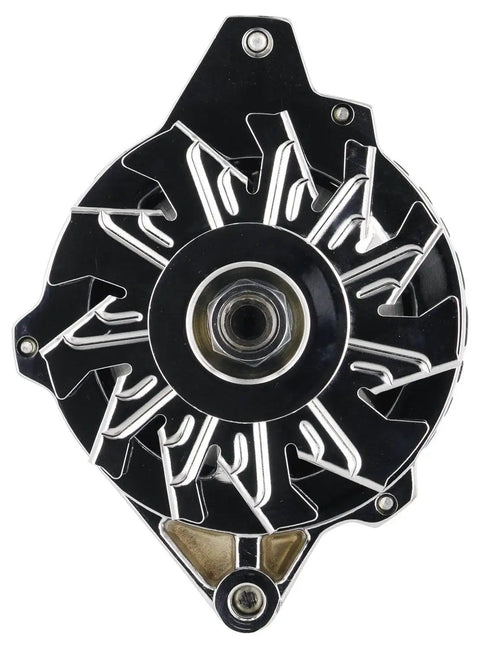 Front view of GM TPI Chrome 100 Amp Small Case Delco Alternator With Gold Posts, showcasing chrome design and mounting.