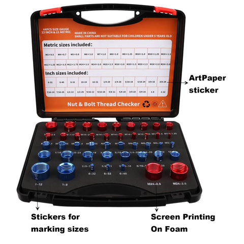 44 Piece Nut And Bolt Thread Checker Kit With 21 Metric And 23 Inch Gauges For Tight Spots, Thread Gauge Tool For Inspecting Bolts And Threaded Holes, Foam Storage Case showing open case with gauge sizes.
