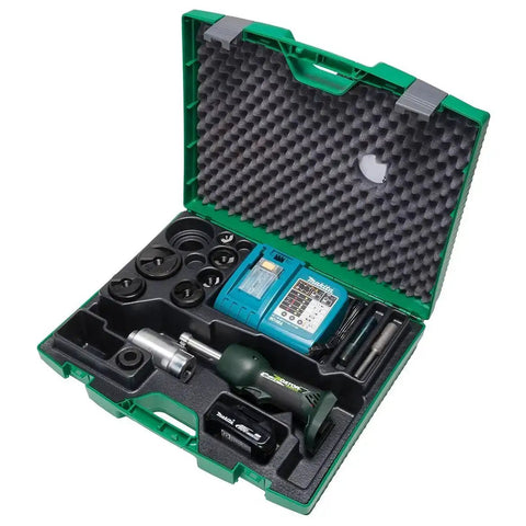 Battery-Powered Knockout Punch Driver Tool Kit with 1/2 to 2 inch capacity in green case, showing hydraulic knockout kit components