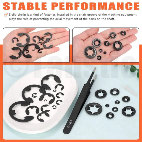 Top-down view of 260-piece internal-tooth star lock washers set with E-clip washers and tweezers on a white tray