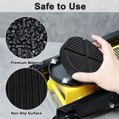 Floor Jack Pad Rubber Cushion Protector For Pinch Weld And Frame Rail being placed on a yellow floor jack, showing non-slip rubber material.