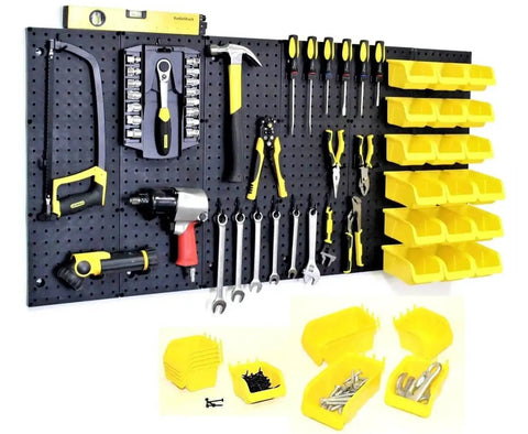 36 Pack Pegboard Bin Kit With 18 Medium And 18 Large Yellow Bins For Garage Workshop Craft Room Office And Workbench Organization All In One Durable Pegboard Storage Bins And Parts Organizer Accessories Made In USA, mounted on pegboard with tools displayed.