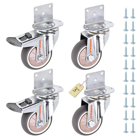 3 Inch Heavy Duty L Shape Side Mount Caster Wheels With Brake 4 Pack Ball Bearing Swivel Furniture Casters, screws included