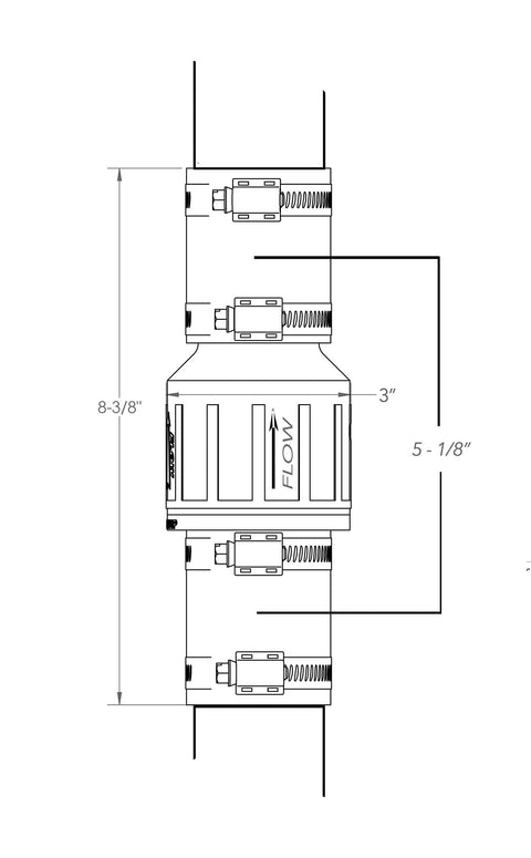 PumpSpy Silent Check Valve CV-150, 1-1/2 in Buna-N couplings with steel clamps; schematic view of spring-loaded flapper.