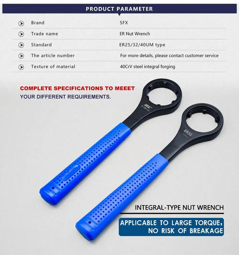 ER32 Nut Wrench For CNC Collet Chuck ER Nut Spanner with blue skid proof grip and blackened finish, front view