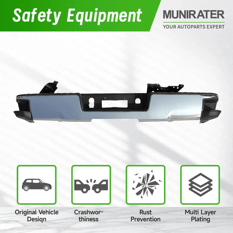 Chrome Rear Bumper For 2014-2018 Silverado Sierra 1500 Without Park Assist Holes, front view with design features.