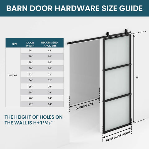 Barn door hardware size guide with diagram featuring 36 By 84 Inch Metal And Glass Sliding Barn Door With Hardware Kit Soft Close Included