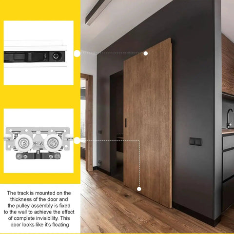 36 To 48 Inch Hidden Sliding Barn Door Hardware And Track installed with floating wall mount in modern interior