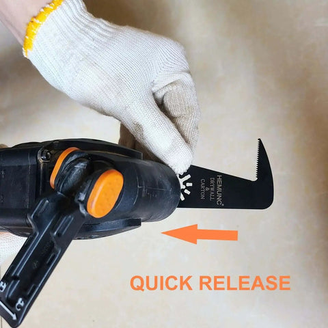 Person installing Drywall Oscillating Tool Blades 4 Pack For Heavy Duty Straight And Curved Cuts That Cut Like A Boss Fits Dremel DeWalt