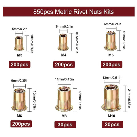 850 Piece Metric Rivnut Kit For Metal DIY Projects Includes M3 To M10 Rivnuts In Six Sizes With Zinc Coated Carbon Steel