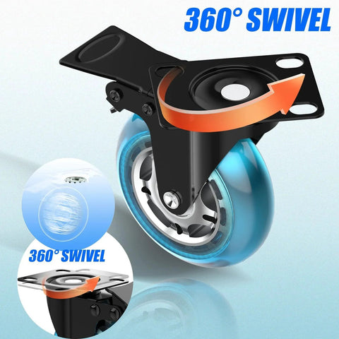3 Inch Plate Caster Wheels Heavy Duty With Brake 1200 Lbs Set Of 4 Locking 360 Degree Swivel No Noise Polyurethane Non Marking Blue Castors