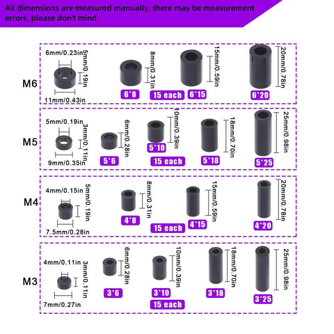 270-Piece Nylon Round Spacer Standoff Kit For M3 To M6 Screws, Black ABS Plastic With 3mm-25mm Lengths chart showing sizes.